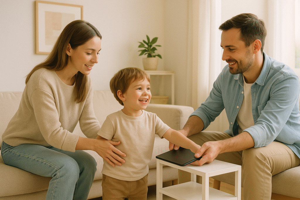 Parents guiding their child away from a tablet in a cozy living room – how to reduce screen time for children with healthy family habits